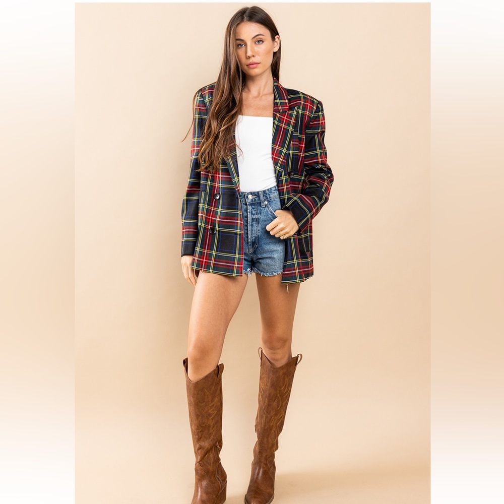 04 Chic Plaid Double Breasted Blazer Jacket - Picture 6 of 6